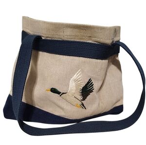 Vintage corduroy bag / Tote embroidered mallard duck Navy Blue And Khaki/Tan